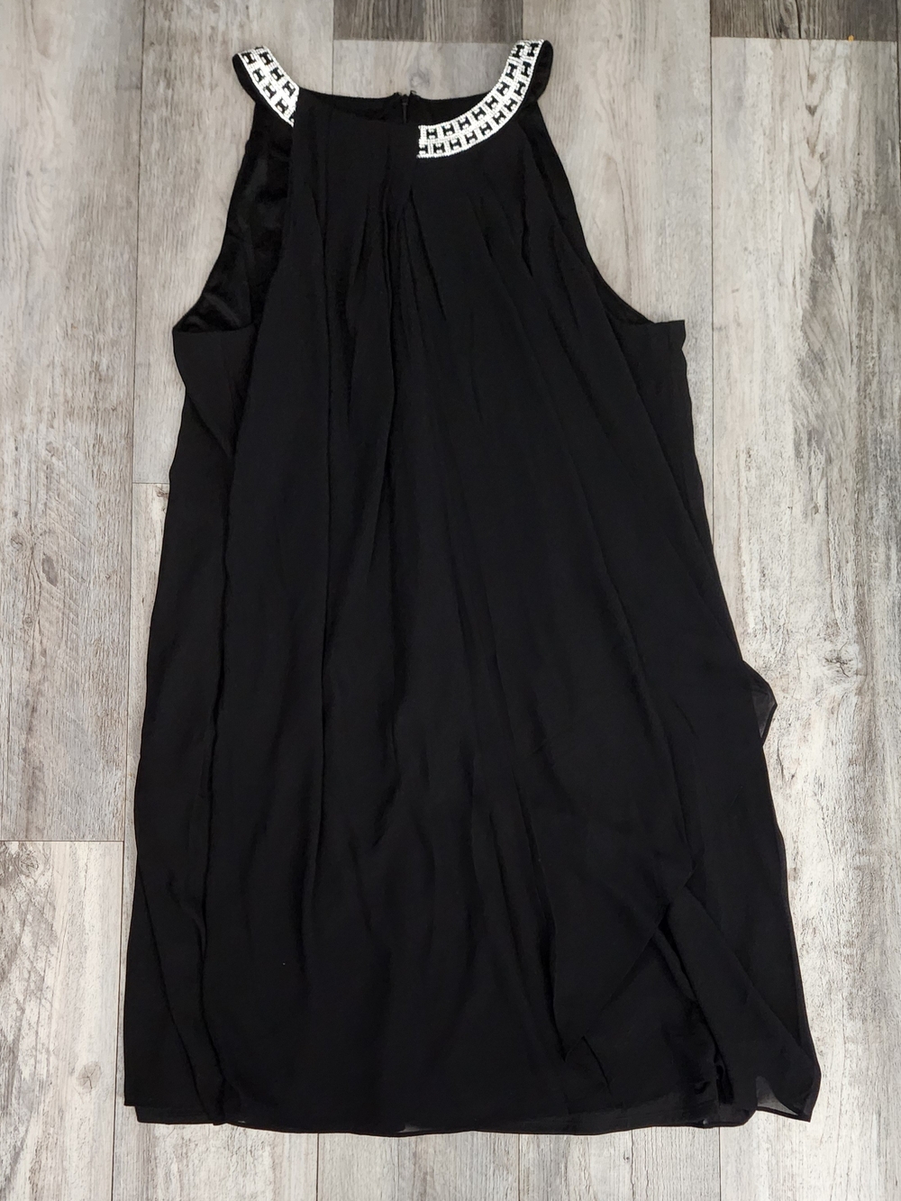 Sleeveless Black Midi Dress with Embellished High Neck